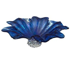 Antica Cristalleria 14.5” Blue Silver Murano Abstract Shaped Centerpiece Italy